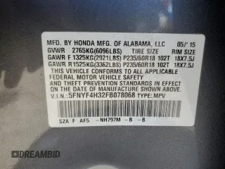 2015 Honda Pilot SE with VIN 5FNYF4H32FB078068, listed as a Copart auction lot 49504905 with 127,547 mi miles and Salvage title. Bid and sale history available at DreamBid. Image 15.