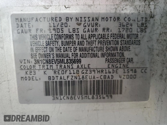 2021 Nissan Versa SV with VIN 3N1CN8EV5ML835699, listed as a Copart auction lot 60232705 with 84,306 mi miles and Salvage title. Bid and sale history available at DreamBid. Image 13.