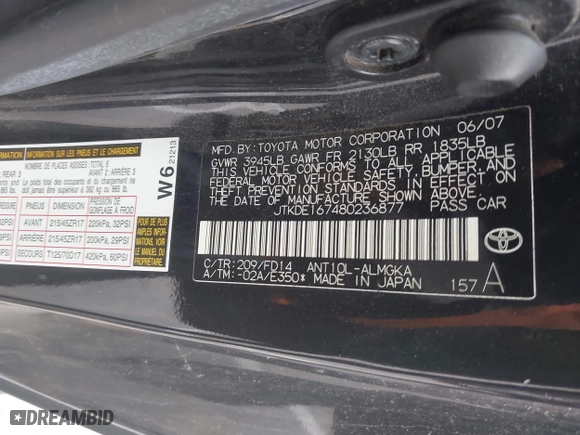 2008 Scion tC Spec with VIN JTKDE167480236877, listed as a IAAI auction lot 42062860 with 187,506 mi miles. Bid and sale history available at carsss.com. Image 9.