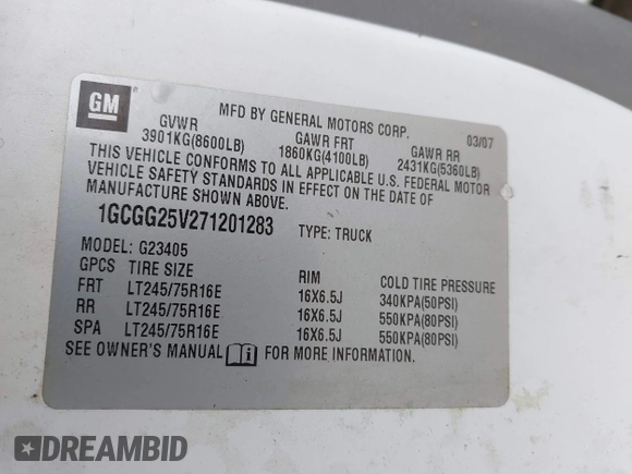2007 Chevrolet Express Cargo with VIN 1GCGG25V271201283, listed as a IAAI auction lot 42094513 with Not Provided miles and . Bid and sale history available at DreamBid. Image 9.