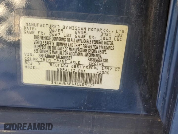 2010 Nissan Sentra S with VIN 3N1AB6AP1AL609327, listed as a Copart auction lot 41616635 with 121,502 mi miles and Salvage title. Bid and sale history available at DreamBid. Image 12.
