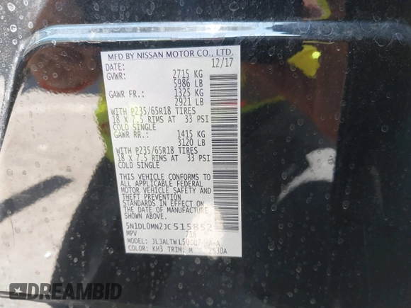 2018 Infiniti QX60 with VIN 5N1DL0MN2JC515852, listed as a IAAI auction lot 42174867 with 72,204 mi miles and . Bid and sale history available at DreamBid. Image 9.
