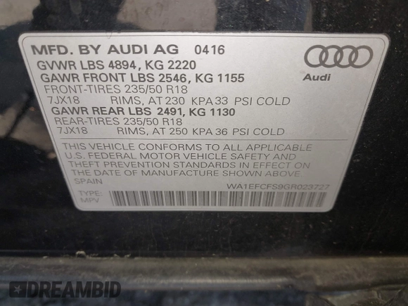 2016 Audi Q3 Premium Plus z VIN WA1EFCFS9GR023727, wystawiony jako IAAI lot #41999918 z przebiegiem 97 781 mil mil oraz . Historia ofert i sprzedaży dostępna na DreamBid. Obrazek 9.