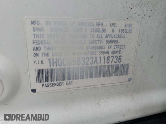 2003 Honda Accord LX with VIN 1HGCM56323A116736, listed as a Copart auction lot 61139195 with 191,426 mi miles and Salvage title. Bid and sale history available at DreamBid. Image 12.