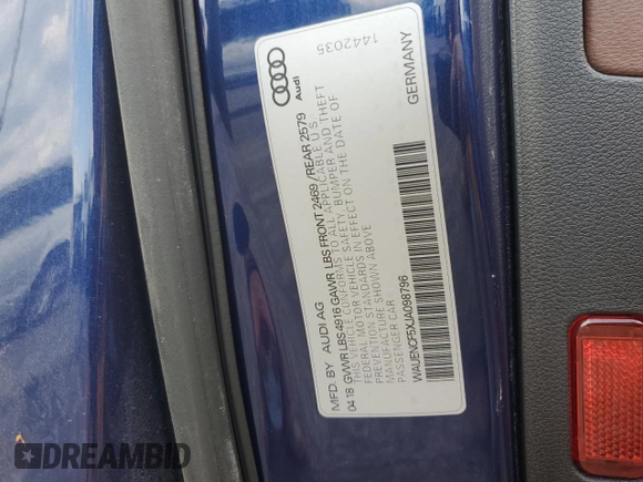 2018 Audi A5 Sportback Premium Plus with VIN WAUENCF5XJA098796, listed as a Copart auction lot 51965514 with 79,245 mi miles and . Bid and sale history available at DreamBid. Image 12.
