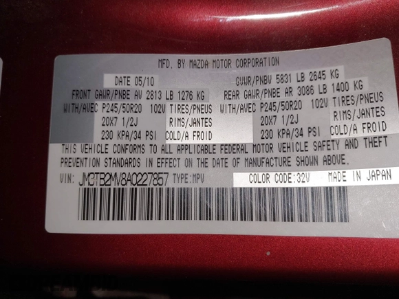 2010 Mazda CX-9 Sport with VIN JM3TB2MV8A0227857, listed as a IAAI auction lot 41603169 with 156,442 mi miles. Bid and sale history available at carsss.com. Image 9.