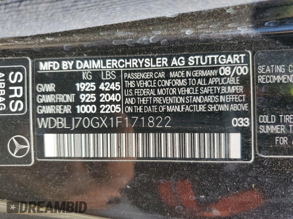 2001 Mercedes-Benz CLK 320/430 z VIN WDBLJ70GX1F171822, wystawiony jako Copart lot #57683415 z przebiegiem 152 154 mil mil oraz Szkoda całkowita • Salvage title. Historia ofert i sprzedaży dostępna na DreamBid. Obrazek 12.