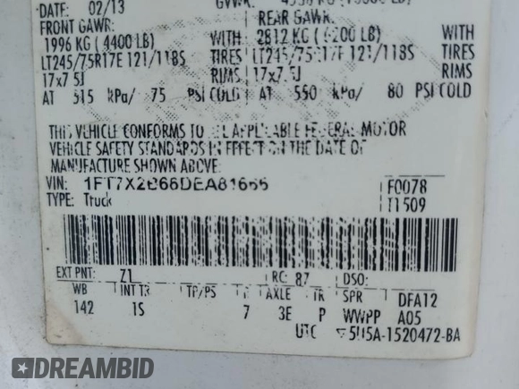2013 Ford F-250 XL with VIN 1FT7X2B66DEA81666, listed as a Copart auction lot 65623755 with 330,532 mi miles and Salvage title. Bid and sale history available at DreamBid. Image 12.