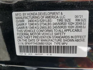 2021 Honda Passport EX-L с VIN 5FNYF7H53MB010524, выставлен на аукционе Copart как лот 50022685 с пробегом 18 882 миль миль и Списание • Salvage title. История ставок и продаж доступна на DreamBid. Изображение 13.