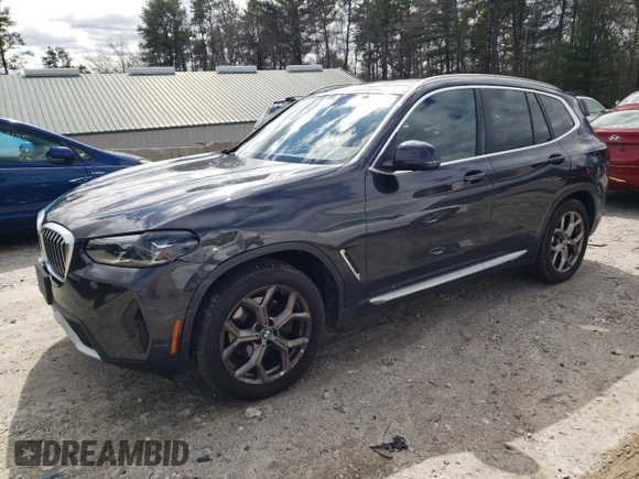 2022 BMW X3 xDrive30i with VIN 5UX53DP07N9K59614, listed as a Copart auction lot 45942415 with 27,961 mi miles and Salvage Title. Bid and sale history available at DreamBid. Image 1.