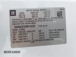 2013 Chevrolet Suburban LT with VIN 1GNSKJE75DR174167, listed as a IAAI auction lot 42005614 with 290,223 mi miles and . Bid and sale history available at DreamBid. Image 9.