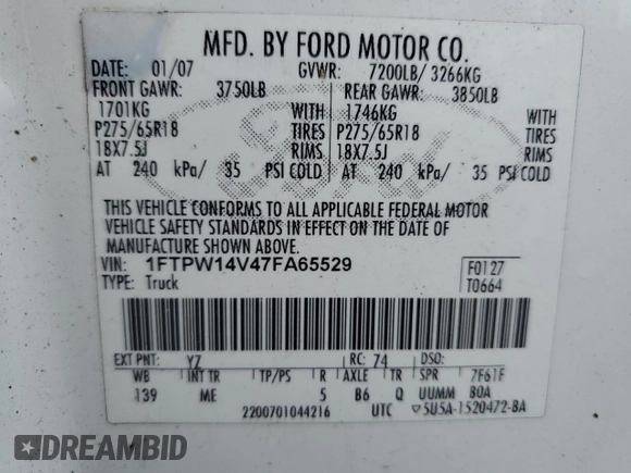 2007 Ford F-150 XLT with VIN 1FTPW14V47FA65529, listed as a Copart auction lot 63643785 with 165,445 mi miles and Clean title. Bid and sale history available at DreamBid. Image 12.