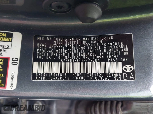 2016 Toyota Corolla L z VIN 5YFBURHE4GP478701, wystawiony jako IAAI lot #41950294 z przebiegiem 117 228 mil mil oraz . Historia ofert i sprzedaży dostępna na DreamBid. Obrazek 9.