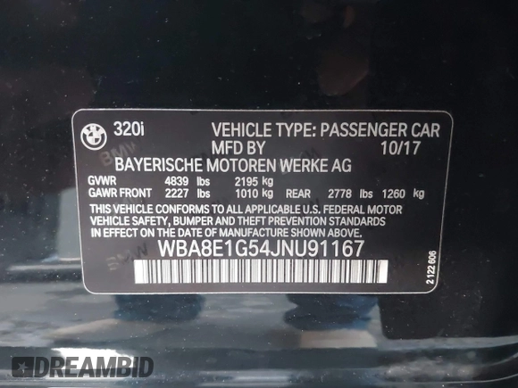 2018 BMW 3 Series 320i with VIN WBA8E1G54JNU91167, listed as a IAAI auction lot 40891360 with 93,976 mi miles. Bid and sale history available at carsss.com. Image 9.