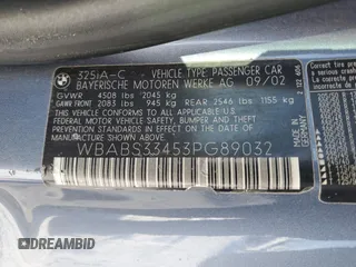 2003 BMW 3 Series 325Ci with VIN WBABS33453PG89032, listed as a Copart auction lot 87590865 with 118,107 mi miles and Salvage Title. Bid and sale history available at carsss.com. Image 12.