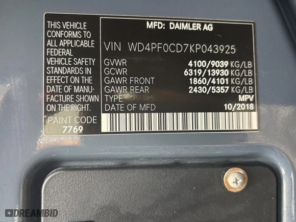 2019 Mercedes-Benz Sprinter Cargo Van with VIN WD4PF0CD7KP043925, listed as a Copart auction lot 54732745 with 75,694 mi miles and Clean Title. Bid and sale history available at carsss.com. Image 10.