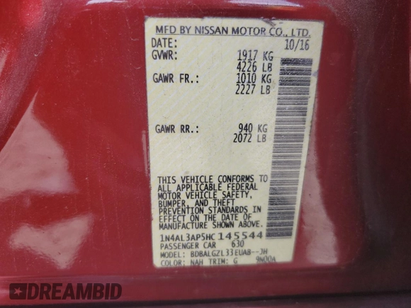 2017 Nissan Altima SV with VIN 1N4AL3AP5HC145544, listed as a Copart auction lot 54052115 with 104,053 mi miles and Salvage Title. Bid and sale history available at DreamBid. Image 12.
