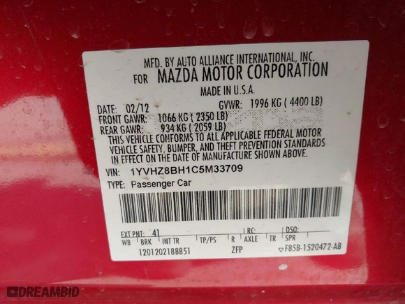 2012 Mazda Mazda6 i Sport with VIN 1YVHZ8BH1C5M33709, listed as a IAAI auction lot 41811495 with 88,479 mi miles. Bid and sale history available at carsss.com. Image 9.