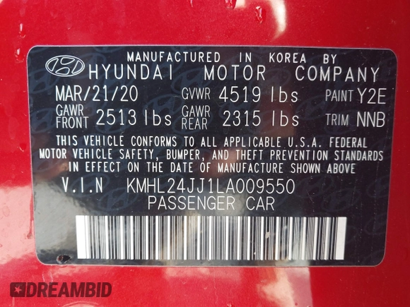 2020 Hyundai Sonata Hybrid Blue with VIN KMHL24JJ1LA009550, listed as a IAAI auction lot 41265226 with 85,347 mi miles. Bid and sale history available at carsss.com. Image 9.