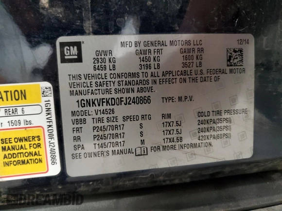 2015 Chevrolet Traverse LS z VIN 1GNKVFKD0FJ240866, wystawiony jako Copart lot #54148395 z przebiegiem 154 170 mil mil oraz Szkoda całkowita • Salvage title. Historia ofert i sprzedaży dostępna na DreamBid. Obrazek 14.