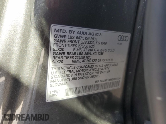2021 Audi Q8 Premium with VIN WA1AVAF14MD027724, listed as a Copart auction lot 77492574 with 51,732 mi miles and Salvage Title. Bid and sale history available at carsss.com. Image 14.
