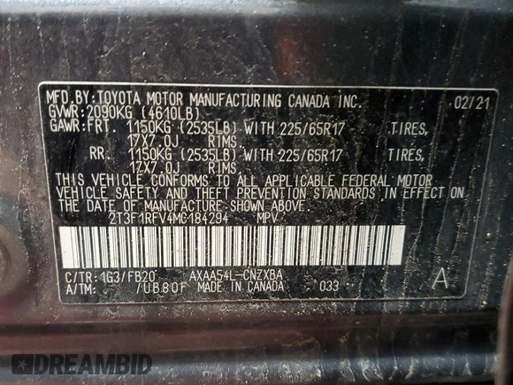 2021 Toyota RAV4 LE with VIN 2T3F1RFV4MC184294, listed as a Copart auction lot 52898685 with 49,955 mi miles and Salvage Title. Bid and sale history available at carsss.com. Image 13.
