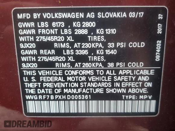 2017 Volkswagen Touareg Wolfsburg Edition с VIN WVGRF7BPXHD005361, выставлен на аукционе Copart как лот 59959415 с пробегом 24 982 миль миль и Списание • Salvage title. История ставок и продаж доступна на DreamBid. Изображение 13.
