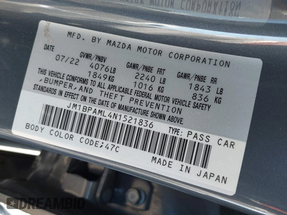 2022 Mazda Mazda3 Hatchback Premium with VIN JM1BPAML4N1521836, listed as a IAAI auction lot 41828139 with 42,786 mi miles. Bid and sale history available at carsss.com. Image 9.