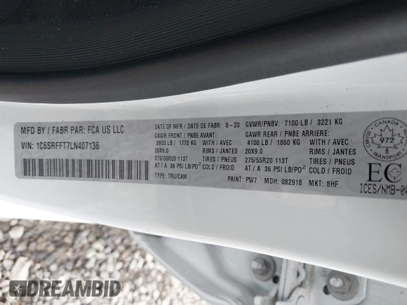 2020 Ram 1500 Big Horn with VIN 1C6SRFFT7LN407136, listed as a IAAI auction lot 41910266 with 21,703 mi miles. Bid and sale history available at carsss.com. Image 9.