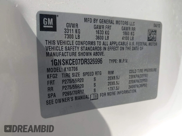 2013 Chevrolet Tahoe LTZ with VIN 1GNSKCE07DR326996, listed as a IAAI auction lot 42203073 with 147,067 mi miles and . Bid and sale history available at DreamBid. Image 9.