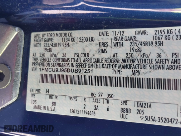 2013 Ford Escape Titanium с VIN 1FMCU9J95DUB91251, выставлен на аукционе IAAI как лот 41784939 с пробегом 134 823 миль миль и . История ставок и продаж доступна на DreamBid. Изображение 9.