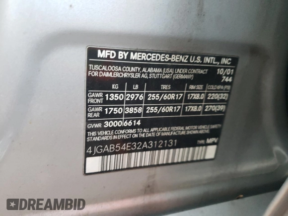 2002 Mercedes-Benz M-Class with VIN 4JGAB54E32A312131, listed as a Copart auction lot 80490084 with 165,365 mi miles and Salvage Title. Bid and sale history available at carsss.com. Image 13.