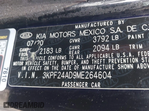 2021 Kia Forte LXS с VIN 3KPF24AD9ME264604, выставлен на аукционе IAAI как лот 42209307 с пробегом 95 934 миль миль и . История ставок и продаж доступна на DreamBid. Изображение 9.