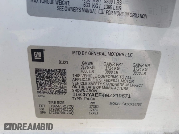 2021 Chevrolet Silverado 1500 Work Truck with VIN 1GCRYAEF4MZ210671, listed as a IAAI auction lot 41605297 with 188,718 mi miles and . Bid and sale history available at DreamBid. Image 9.