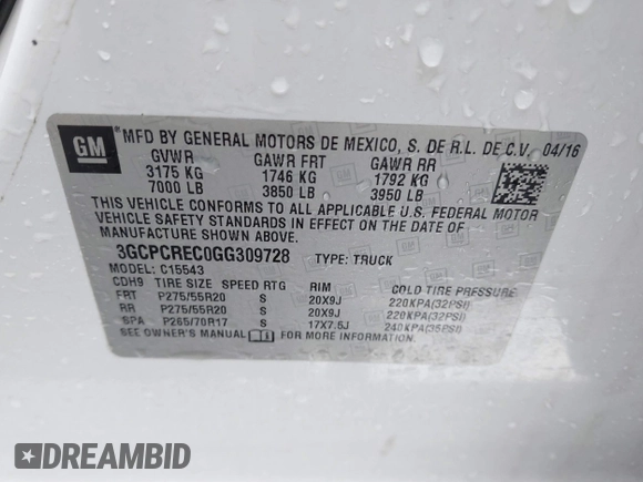 2016 Chevrolet Silverado 1500 LT with VIN 3GCPCREC0GG309728, listed as a IAAI auction lot 41911166 with 222,045 mi miles and . Bid and sale history available at DreamBid. Image 9.