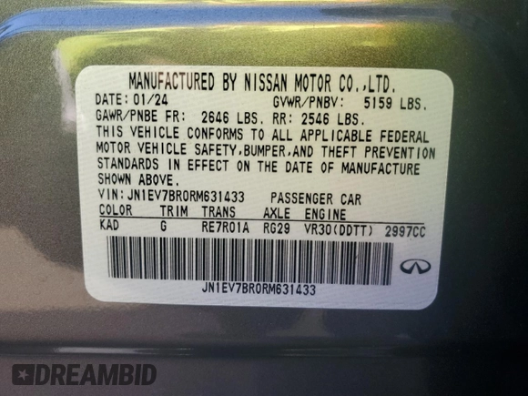 2024 Infiniti Q50 Luxe with VIN JN1EV7BR0RM631433, listed as a Copart auction lot 74363754 with 4,825 mi miles and Salvage Title. Bid and sale history available at DreamBid. Image 12.