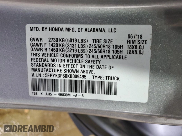 2019 Honda Ridgeline RTL-T with VIN 5FPYK3F60KB009495, listed as a Copart auction lot 61578405 with 90,586 mi miles and Salvage title. Bid and sale history available at DreamBid. Image 13.