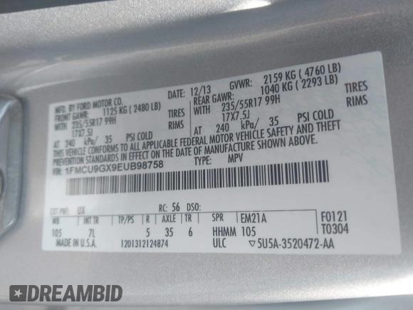 2014 Ford Escape SE with VIN 1FMCU9GX9EUB98758, listed as a IAAI auction lot 41717257 with 126,358 mi miles. Bid and sale history available at carsss.com. Image 9.