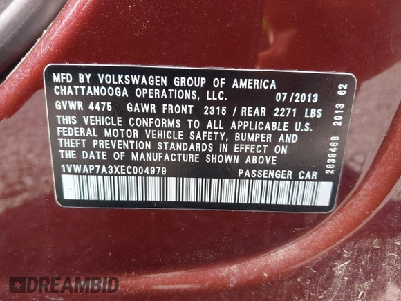 2014 Volkswagen Passat S with VIN 1VWAP7A3XEC004979, listed as a IAAI auction lot 42623479 with 195,850 mi miles and . Bid and sale history available at DreamBid. Image 9.