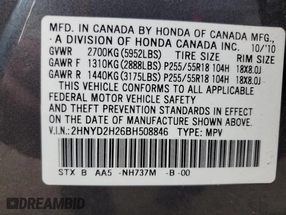 2011 Acura MDX with VIN 2HNYD2H26BH508846, listed as a Copart auction lot 58979975 with 207,604 mi miles and Salvage title. Bid and sale history available at DreamBid. Image 14.