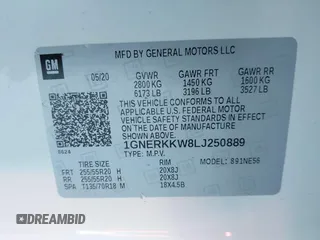 2020 Chevrolet Traverse Premier with VIN 1GNERKKW8LJ250889, listed as a IAAI auction lot 41664974 with 38,955 mi miles and . Bid and sale history available at DreamBid. Image 9.