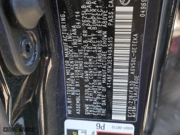 2014 Toyota Camry L with VIN 4T4BF1FK3ER404515, listed as a Copart auction lot 44121055 with 0 mi miles and Salvage Title. Bid and sale history available at carsss.com. Image 15.
