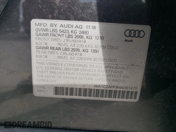 2017 Audi Q5 Premium with VIN WA1C2AFP9HA081470, listed as a Copart auction lot 54559155 with 81,025 mi miles and Salvage title. Bid and sale history available at DreamBid. Image 13.