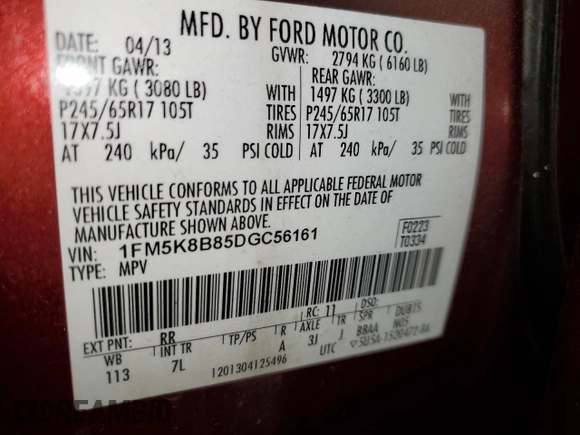 2013 Ford Explorer z VIN 1FM5K8B85DGC56161, wystawiony jako Copart lot #51052115 z przebiegiem 79 811 mil mil oraz Szkoda całkowita • Salvage title. Historia ofert i sprzedaży dostępna na DreamBid. Obrazek 13.