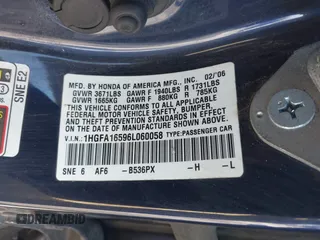 2006 Honda Civic LX with VIN 1HGFA16596L060058, listed as a IAAI auction lot 41959725 with 125,853 mi miles and . Bid and sale history available at DreamBid. Image 9.