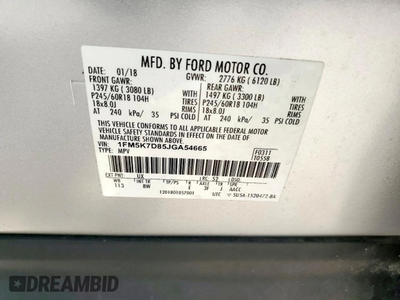 2018 Ford Explorer XLT with VIN 1FM5K7D85JGA54665, listed as a Copart auction lot 61153785 with 59,877 mi miles and Salvage title. Bid and sale history available at DreamBid. Image 13.