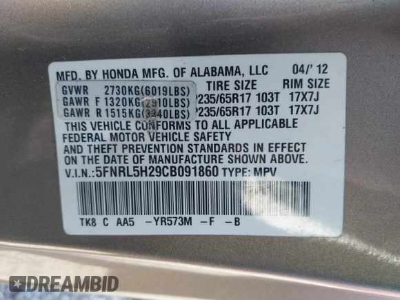 2012 Honda Odyssey LX с VIN 5FNRL5H29CB091860, выставлен на аукционе IAAI как лот 42000688 с пробегом 295 551 миль миль и . История ставок и продаж доступна на DreamBid. Изображение 9.