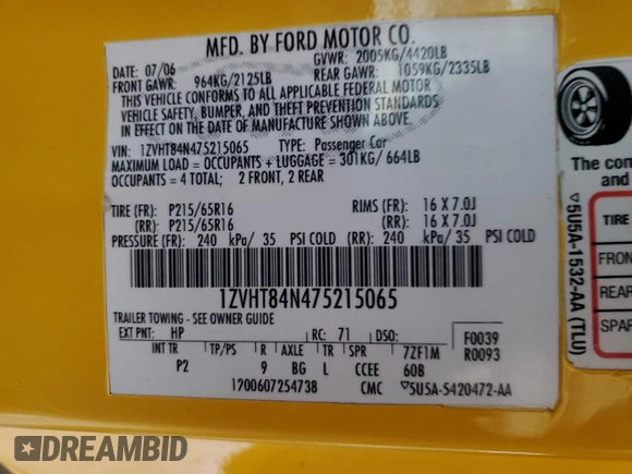 2007 Ford Mustang Deluxe with VIN 1ZVHT84N475215065, listed as a Copart auction lot 82624444 with 163,810 mi miles and Salvage Title. Bid and sale history available at carsss.com. Image 12.