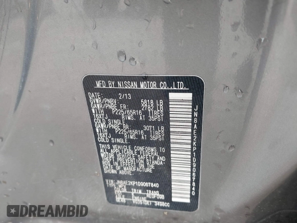 2013 Nissan Quest LE with VIN JN8AE2KP1D9067840, listed as a IAAI auction lot 41073391 with 219,804 mi miles. Bid and sale history available at carsss.com. Image 9.