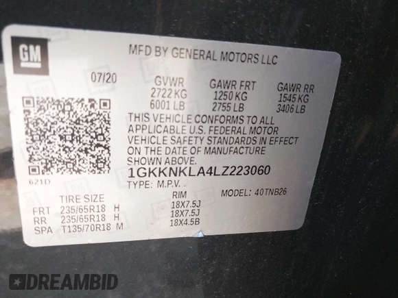 2020 GMC Acadia SLE with VIN 1GKKNKLA4LZ223060, listed as a IAAI auction lot 42146716 with 105,118 mi miles and . Bid and sale history available at DreamBid. Image 9.